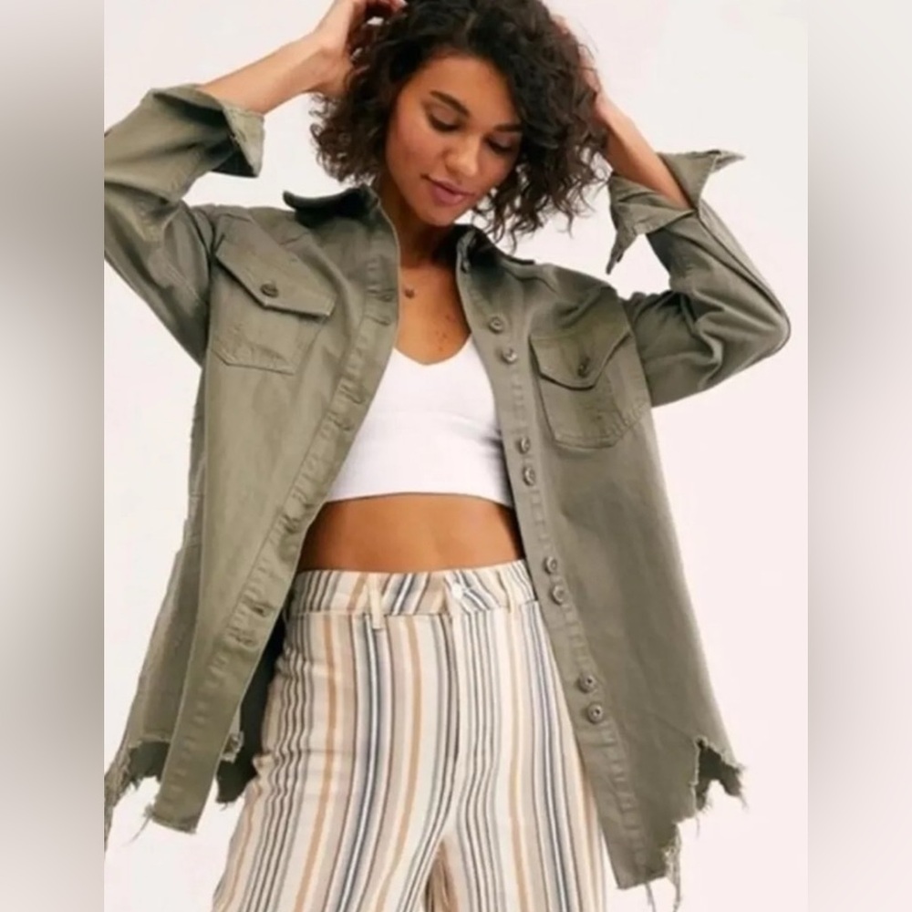 Free People MOONCHILD Distressed Denim Shirt Jacket  Army Green XS. Almost new
